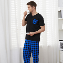 Load image into Gallery viewer, Blue Check Men&#39;s Pajamas Short Sleeve Loungewear Set
