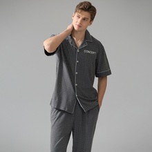 Load image into Gallery viewer, Gray Plaid Short Sleeved Top And Trousers Men&#39;s Pajamas Set
