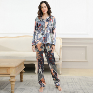 Leafe Print Silk Full Sleeve Pajamas Set