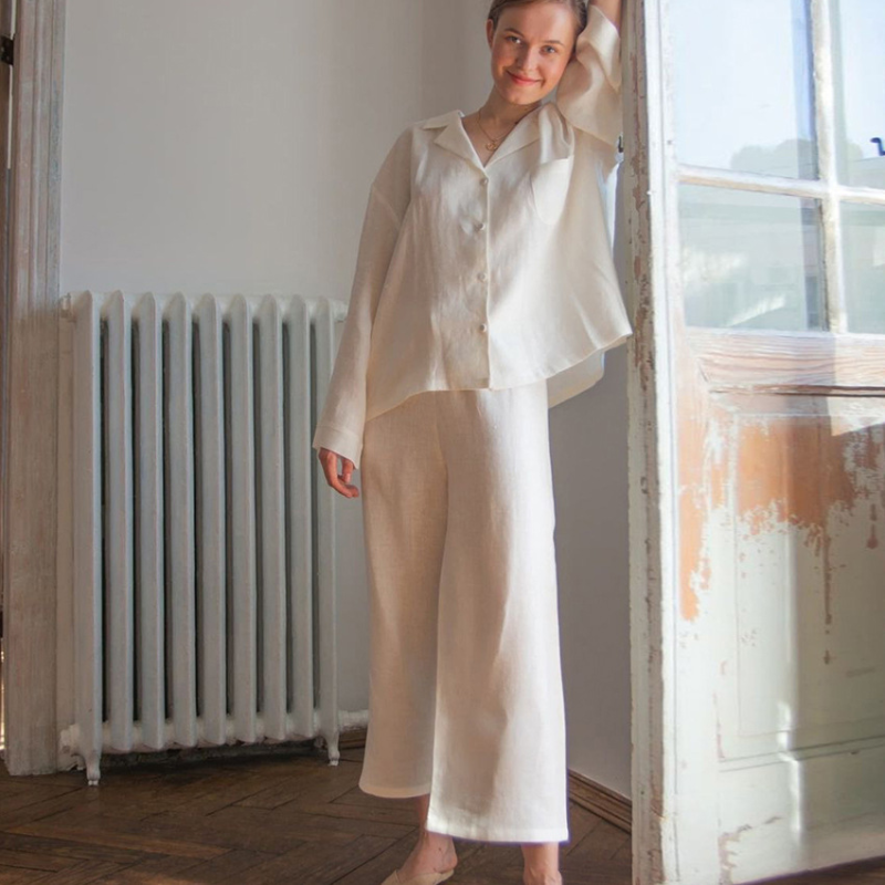 White Cotton and Linen Loose Fit Wide Leg Pajamas Set