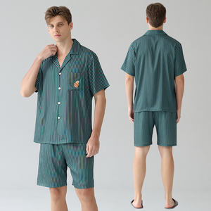 Green Vertical Stripe Short Sleeve Men's Shorts Pajama Set