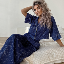 Load image into Gallery viewer, Short Sleeved Polka Dot Wide Leg Pajamas Set
