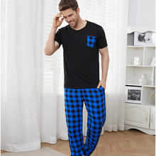 Load image into Gallery viewer, Blue Check Men&#39;s Pajamas Short Sleeve Loungewear Set
