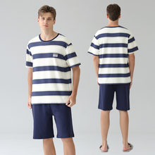 Load image into Gallery viewer, Men&#39;s Blue Stripe Shots Cotton Pajamas Set
