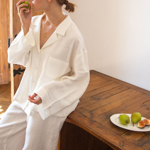 White Cotton and Linen Loose Fit Wide Leg Pajamas Set