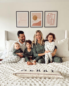 Green Printed V Neck Button Matching Family Pajamas Set