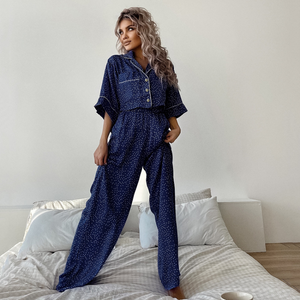 Short Sleeved Polka Dot Wide Leg Pajamas Set