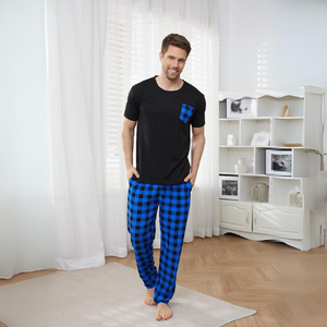 Blue Check Men's Pajamas Short Sleeve Loungewear Set