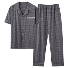 Load image into Gallery viewer, Gray Plaid Short Sleeved Top And Trousers Men&#39;s Pajamas Set
