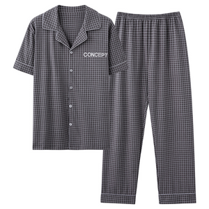 Gray Plaid Short Sleeved Top And Trousers Men's Pajamas Set