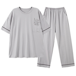 Round Neck Short Sleeved Light Gray Men's Pajamas Set