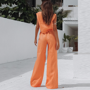 Orange Color Pure Cotton Wide Leg Sleeveless Pajamas Set