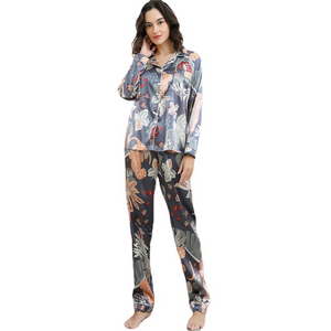 Leafe Print Silk Full Sleeve Pajamas Set