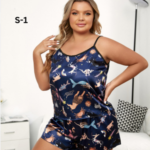 Plus Size Round Neck Sleeveless Pajamas Set For Women