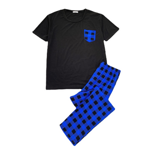 Blue Check Men's Pajamas Short Sleeve Loungewear Set