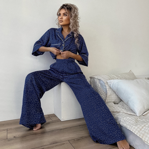 Short Sleeved Polka Dot Wide Leg Pajamas Set