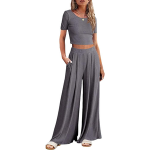 Wide Leg Pajamas With Matching Short Sleeve Top