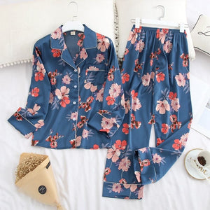 Blue pink Flowers Silk Pajamas Set