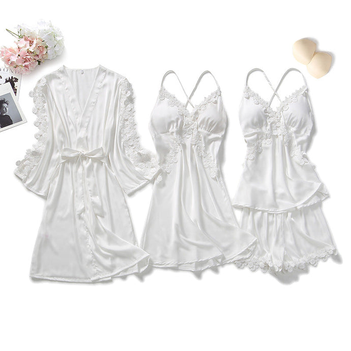 4 Piece White Silk Nightgown With Cover Up & Short Set