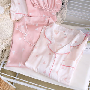 Heart Print Full Sleeve Silk Pajamas Set