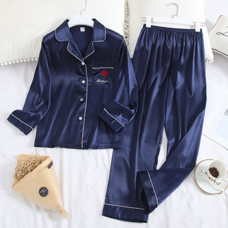 Navy Pocket Rose Silk Pajamas Set