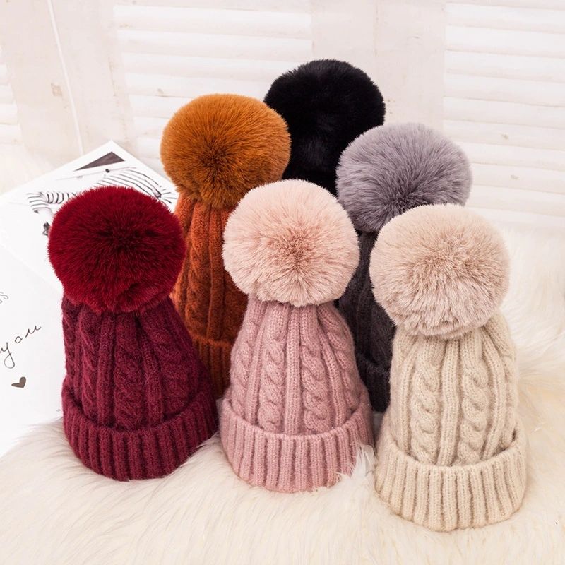 Women Braided Beanie for Holidays With Removable Pom-pom