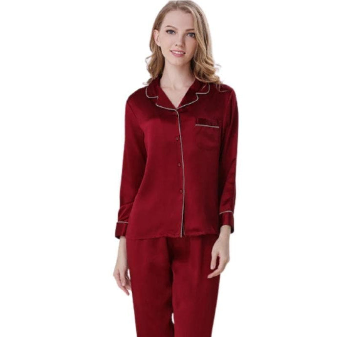 Wine Red Women Silk Sleep Pajamas Set